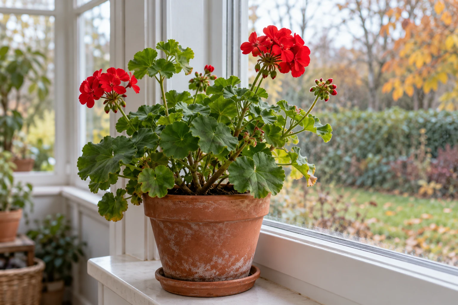 Géranium rouge en pot sur rebord de fenêtre, lumière douce d'automne, jardin visible