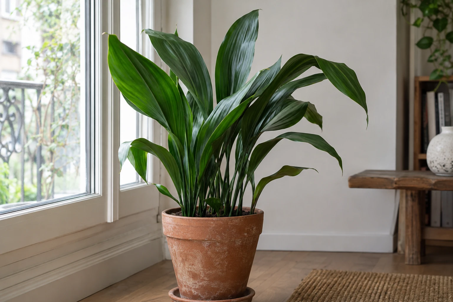 Aspidistra en pot en terre cuite près d'une fenêtre, feuilles vertes brillantes
