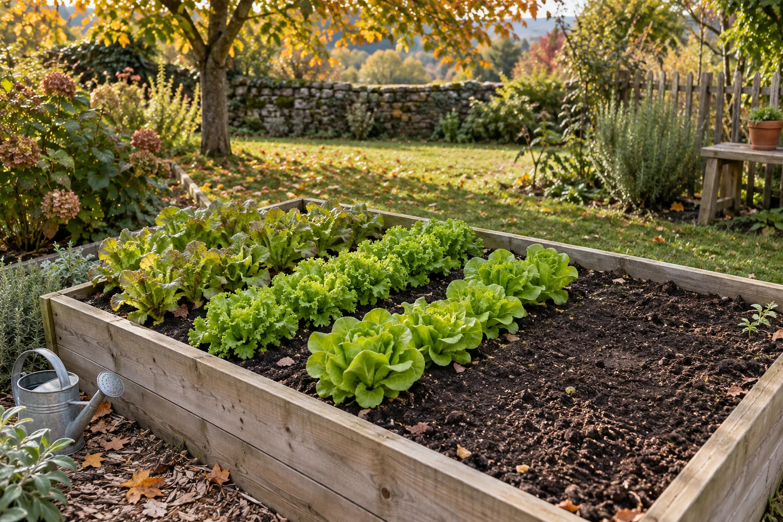 Carré potager en bois avec rangées de laitues vertes et terre fraîche autour